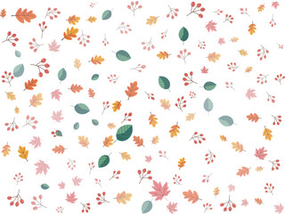 Delicate Autumn Fall Leaves and Red Berries Seamless Pattern Illustration on White Background