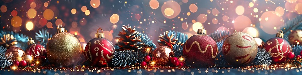 Panoramic Christmas Baubles and Pine Cones with Bokeh Lights