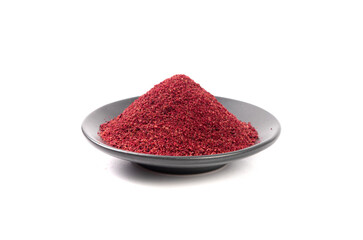 Sumac Powder Isolated, Red Sumach Ground Seasoning, Dry Sumak, Crushed Typhina Seeds