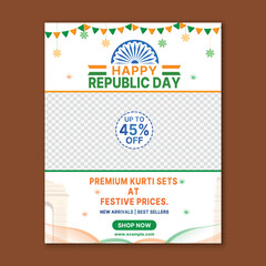 Happy Republic Day Sale Template with Forty Five Percent Discount on Premium Kurti Set at Festive Prices and Image Placeholder.