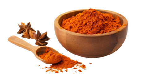 Wooden bowl and spoon filled with vibrant orange paprika spice isolated on a transparent background powder