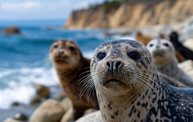 a group of sea lions huddled together on the beach, with one standing out in front and looking directly at the camera