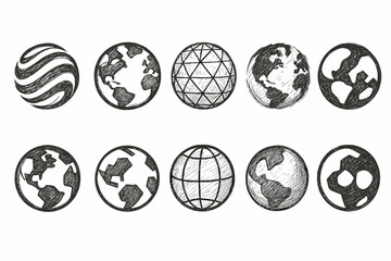 Earth globes sketch icon set. Hand-drawn, globe outline icons collection
