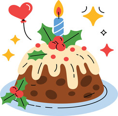 Festive Christmas pudding cake decorated with holly, berries, white frosting, and a candle, celebration holiday dessert vector illustration