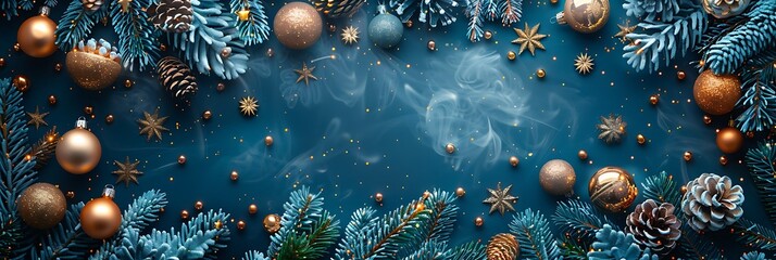 Panoramic Blue Christmas Border with Ornaments and Pine Cones