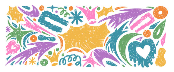 Crayon abstract geometric shapes background. Geometry and freeform abstract naive hand drawn doodle figures. Collage stickers with bang text box stars, arrows shapes. Vector pen illustration isolated.