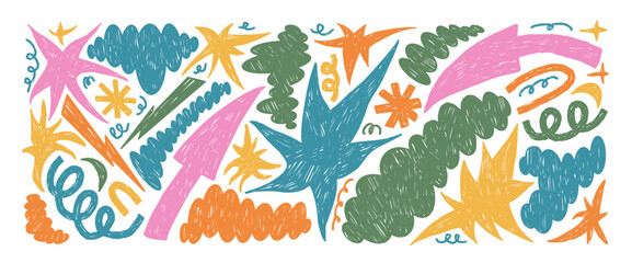 Hand-drawn crayon shapes and abstract geometric figures create a playful collage. Colorful blobs elements, stars, arrows, and doodles form a funky Y2K-inspired design set. Vector modern geometry bg.
