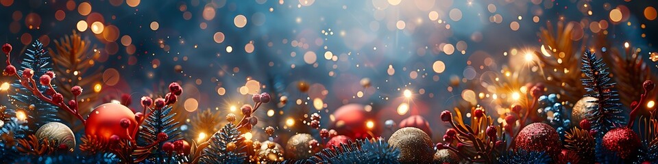 Panoramic Christmas Ornaments With Festive Bokeh Lights And Berries