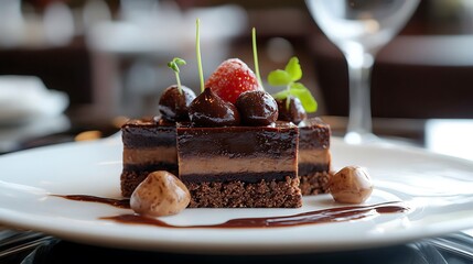 Brownies with hazelnut praline filling gourmet patisserie style on hotel sitting