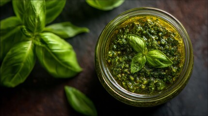 Pesto sauce in a jar with fresh basil leaves on a dark stone surface, showcasing vibrant green color and rich texture, perfect for culinary inspiration and gourmet dishes