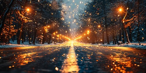 Panoramic winter night scene with glowing streetlights and falling snow over a wet road