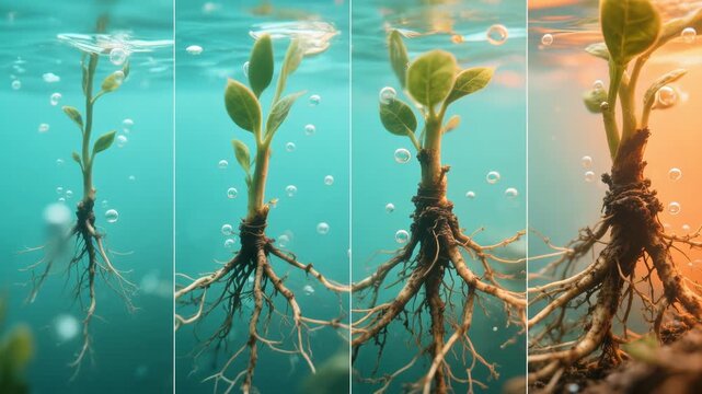 Underwater Plant Sprout Growth Time Lapse Realistic Development with Bubbles, Roots, and Leaves Creating Serene Atmosphere in Natures Beauty