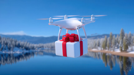 Drone delivering wrapped gift over snowy lake with pine forest and clear blue sky, festive winter delivery scene