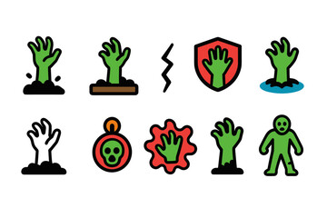 Zombie, halloween flat icon set. Spooky, undead hand icons flat collection