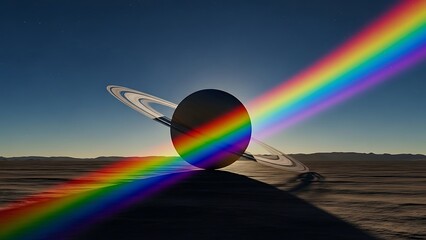Obraz premium Stunning Saturn planet refracts vibrant rainbow light across alien desert landscape under starry twilight sky