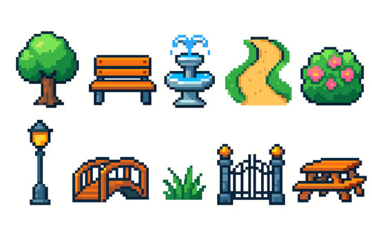Park and garden pixel icon set. Pixelated landscape elements in pixel art style