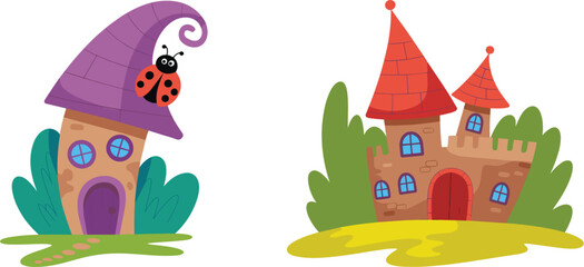 Naklejka premium Set of cute cartoon fantasy houses, fairy-tale castle and whimsical toadstool home, magical children's book vector illustration elements