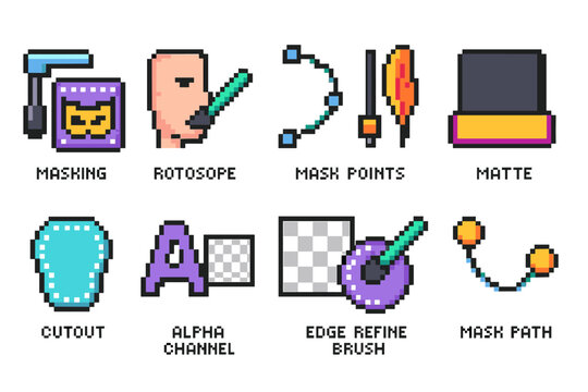 Video editing flat icon set. Masking, rotoscope, matte, cutout, alpha channel icons