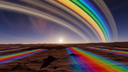 Obraz premium Stunning alien planet sunset features vibrant rainbow light beams stretching across desolate, rocky landscape beneath vast planetary rings