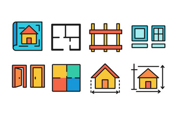 Fototapeta premium Architectural plan flat icon set. Blueprint, floor plan, building flat icons collection