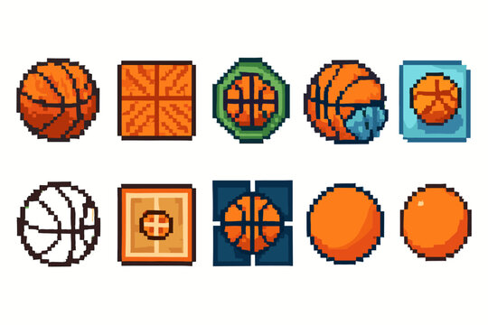 Basketball icon set in pixel art. Sport, game, basketball, retro style icons collection