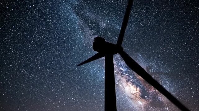 A silhouetted wind turbine stands against a vast star-filled night sky with the Milky Way galaxy visible