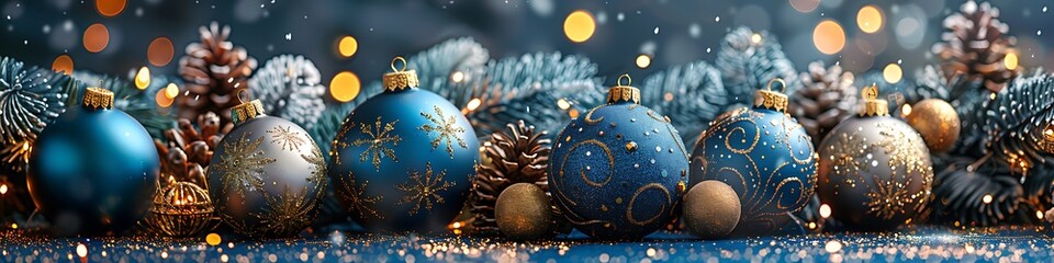 Panoramic Christmas Decorations of Blue Ornaments and Pinecones with Bokeh Lights