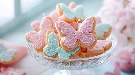 Butterfly shaped cookies on crystal bowl with delicate frosting designs pastel party theme on bedroom near window