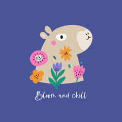 Cute Capybara with Flowers Colorful Vector Illustration for Kids Poster and Print.