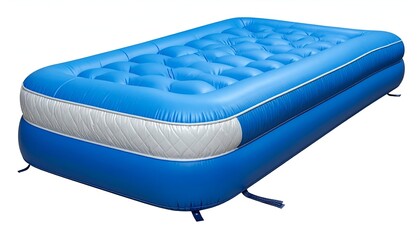 Blue inflatable air mattress with quilted top and white trim, angled perspective