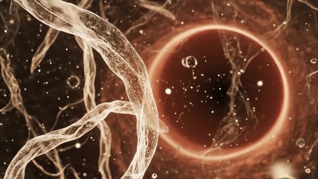 The vitreous chamber, with the gel-like vitreous humor containing faint floating collagen fibrils illuminated by soft scattering light. The inner retina glows gently at the periphery