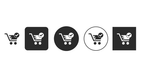 Shopping cart with checkmark completion icon for e-commerce websites | Successful purchase transaction approved symbol vector set | Confirmed order web button interface design element 