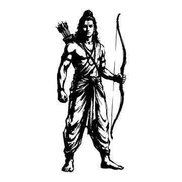 Lord Rama standing silhouette holding bow and arrow sketch style vector illustration of Hindu god Ramachandra for Diwali and Dussehra