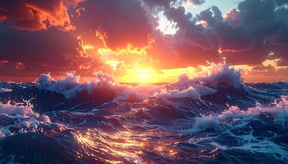 Fototapeta premium Dramatic sunset over a turbulent sea, sky ablaze with red and orange hues, white waves crashing