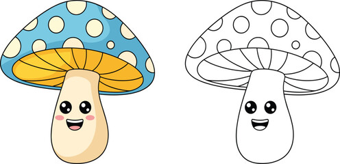 Cute happy cartoon mushroom character with a blue and white spotted cap, smiling fungi mascot, funny nature element vector illustration