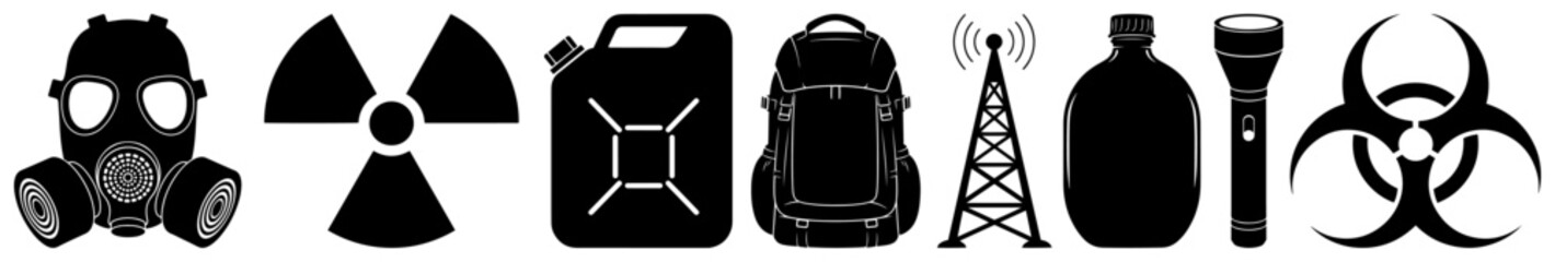 Fototapeta premium Apocalypse survival kit vector icons set with gas mask radiation biohazard symbols and military camping gear silhouettes