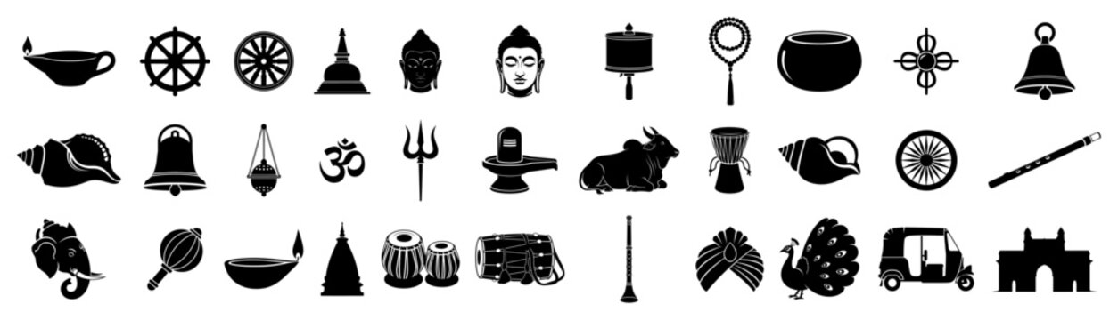 Indian culture and hinduism icon set featuring gods om symbol buddha and traditional objects black silhouette collection