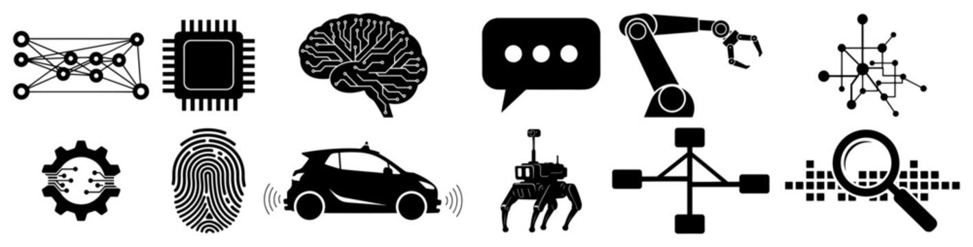 Artificial intelligence and future technology icon set featuring robot brain and smart car