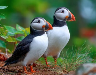 two puffins standing on the grass, one of them is walking away from the other