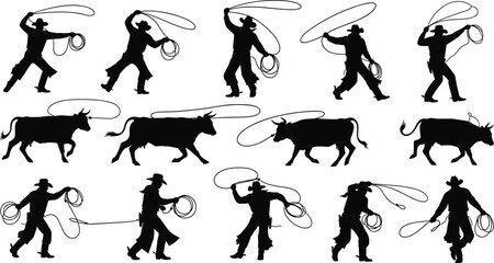 Cowboy, cattle, roping, silhouette, posture, gesture, lasso, ranch, rodeo, livestock, motion, setup, tradition, western, vector, black, pose, flavector, minimal, dynamic
