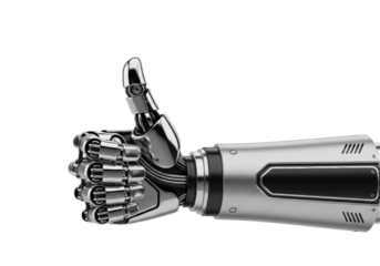 Highly detailed robotic arm of polished chrome and matte titanium performing a decisive thumbs-up, isolated on a transparent studio background with high-key lighting. Concept of artificial