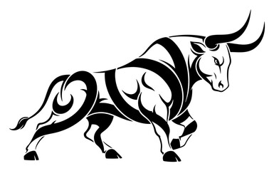Stylized running bull silhouette with tribal tattoo art details and aggressive stance