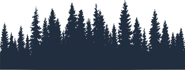 Dense dark silhouette of an evergreen pine tree forest border, abstract nature skyline, wilderness park landscape vector illustration element © Al
