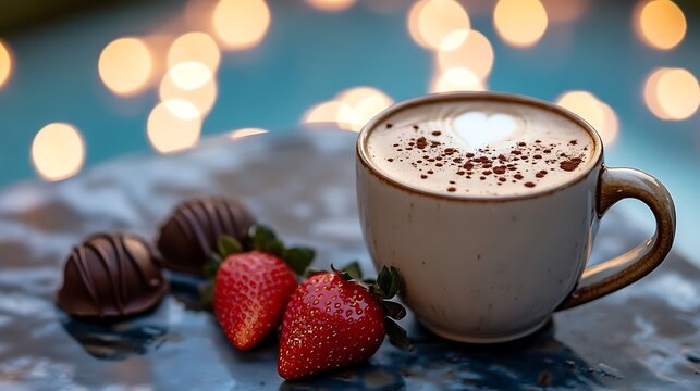 Chai latte and chocolate dipped strawberries near soft pool lights