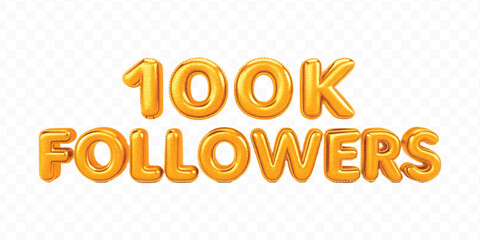 realistic 3d 100K followers celebration with different colors foil balloons isolated on transparent background