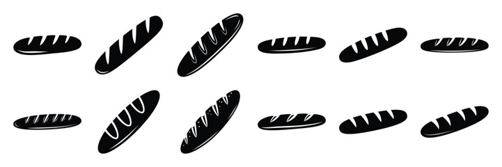 A collection of baguette silhouette icon set. simple design black color and white background.
