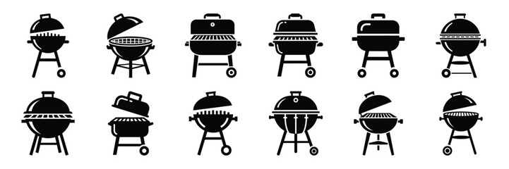 A collection of bbq grill silhouette icon set. simple design black color and white background.