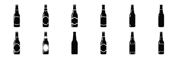 A collection of beer bottle silhouette icon set. simple design black color and white background.
