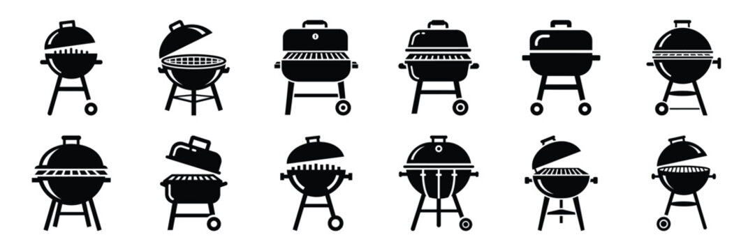 A collection of bbq grill silhouette icon set. simple design black color and white background.