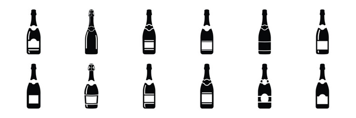 A collection of champagne bottle silhouette icon set. simple design black color and white background.